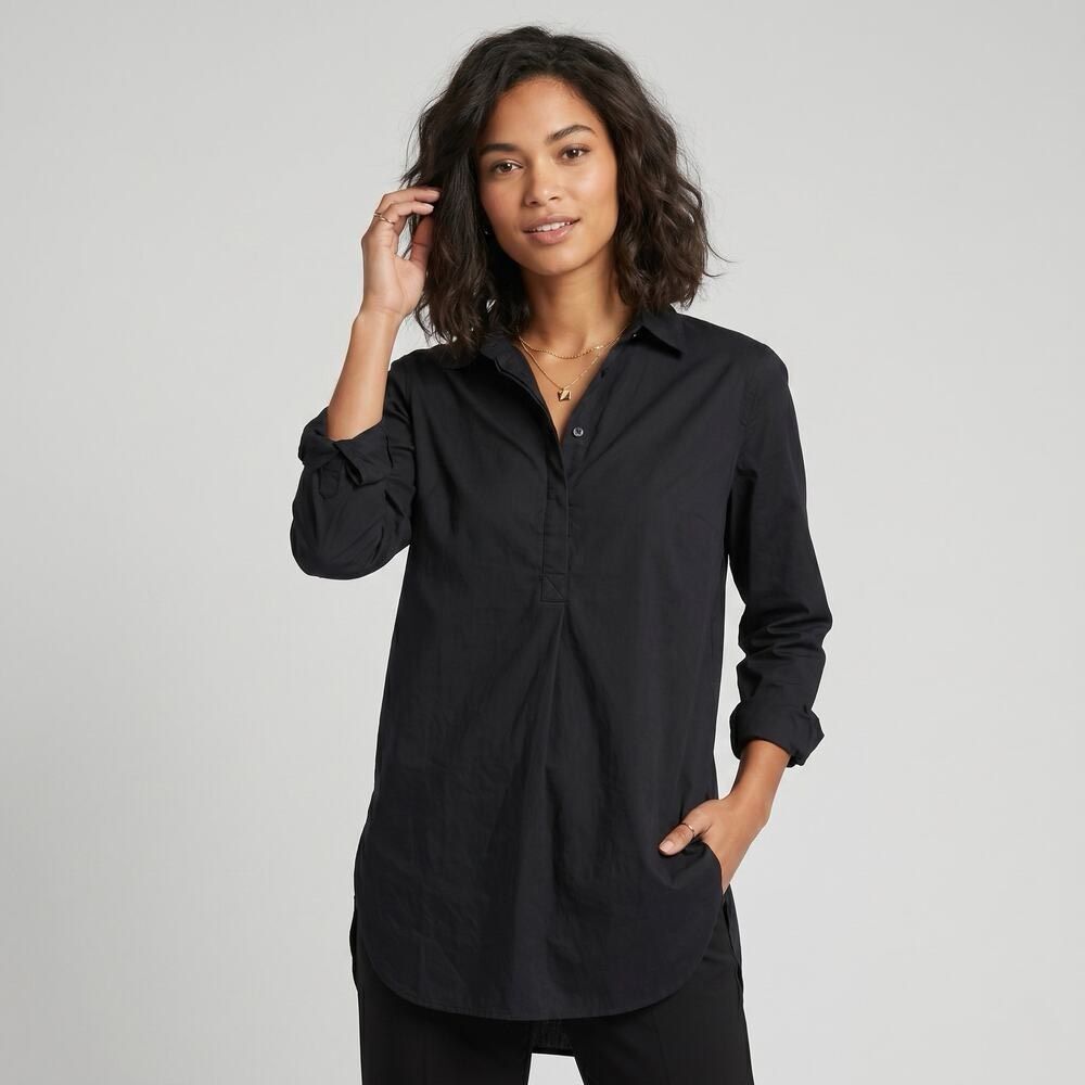 AYR The Easy Shirt Button Collared Poplin Long Sleeve Popover Black Sz XS Shirt
